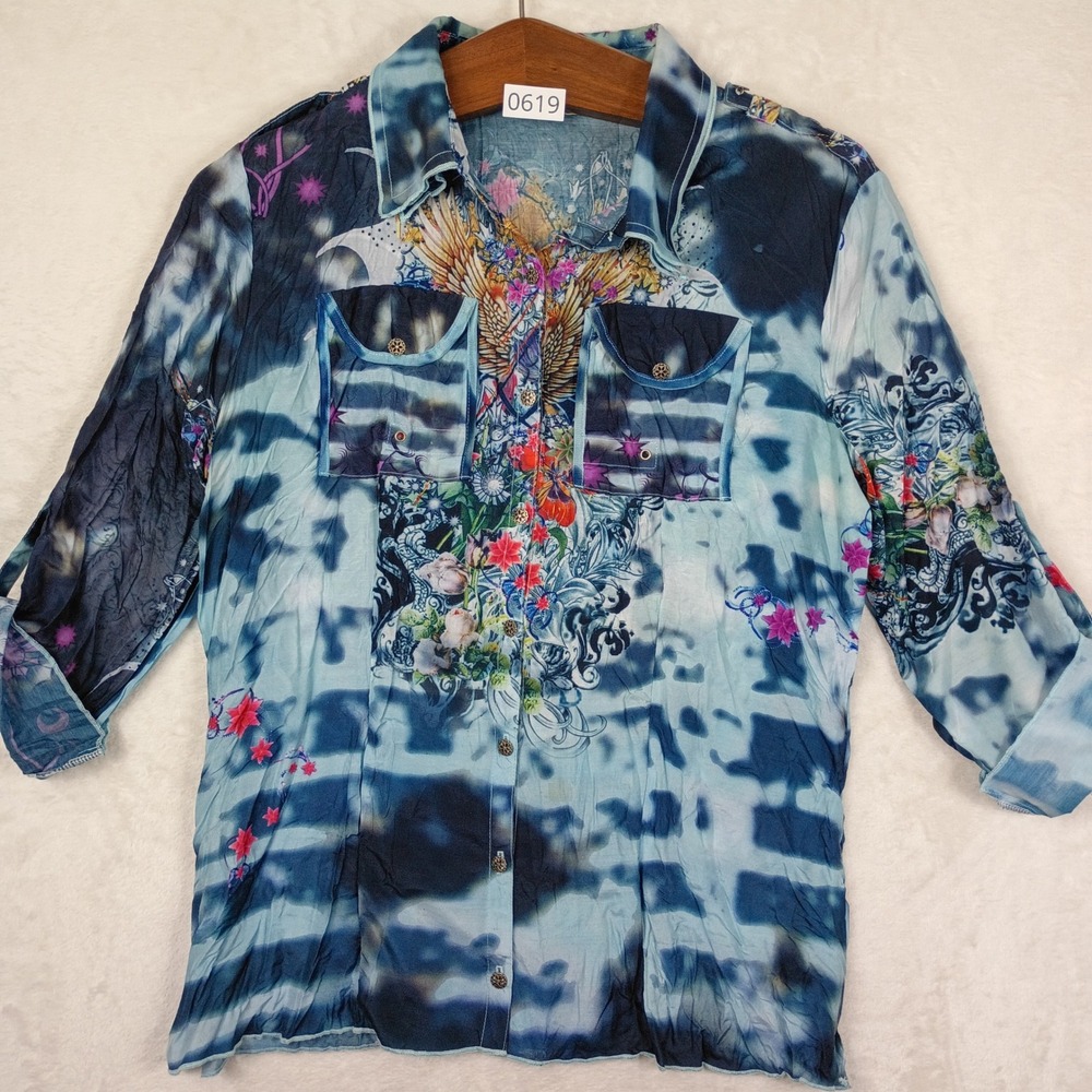 Alberto Makali Button Up Shirt Womens L Blue Tie Dye Graphic Y2K Boho Festival
